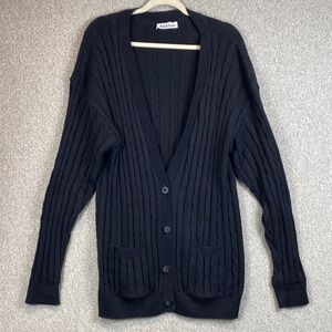 Vtg British Vogue cable knit cardigan L black fisherman academia preppy grunge